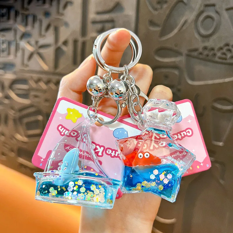 Creative Sailboat Water Liquid Keychain Floating Quicksand Dolphin Seahorse Marine Animal Bottle Keyring for Friends Kids