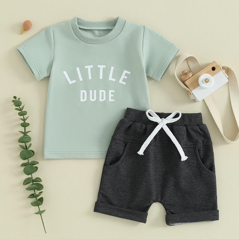 Toddler Baby Boy Summer Clothes Cute Letter Print Short Sleeve T Shirt Tops and Stretch Shorts Playwear Outfits