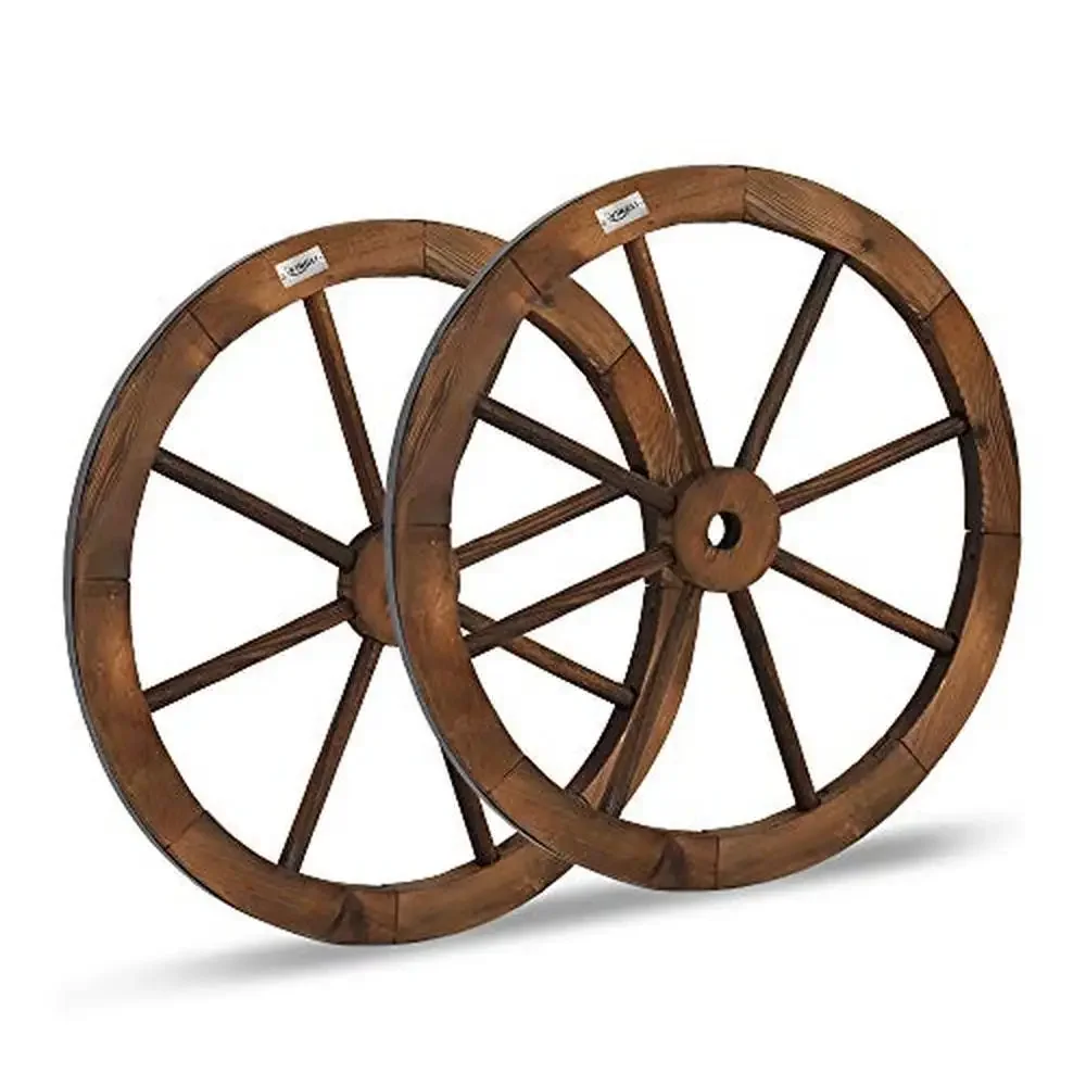 

24" Vintage Wooden Wagon Wheel Wall Hanging Bar Garage Patio Décor Set of 2 Bullwheel with Steel Rim Solid Fir Wood Dual Pack