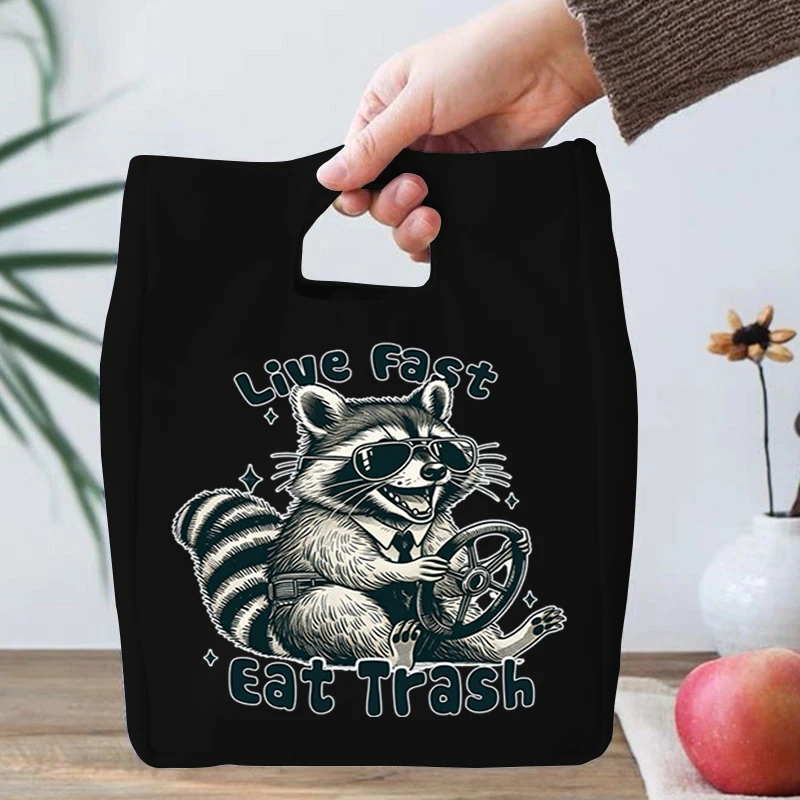 Lunch Bag Gothic Raccoon and Feral Girl Halloween Print Food Thermal Tote Bags Portable Insulated Cooler Food Storage Lunch Bags