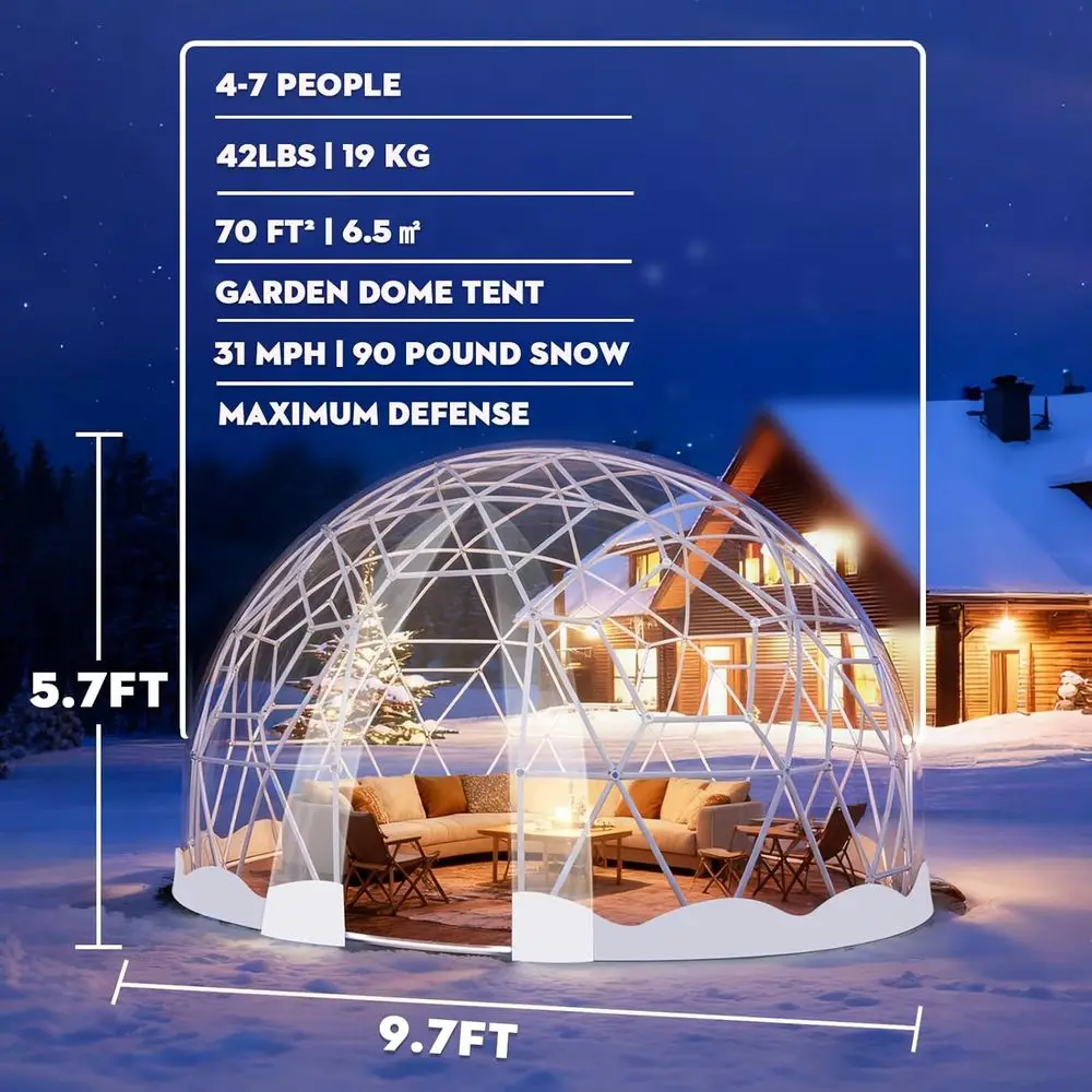 Serre à dôme géométrique, tente à bulles étanche de 12 pieds avec couvercle en PVC transparent et cordes lumineuses de 20M pour événements en plein air