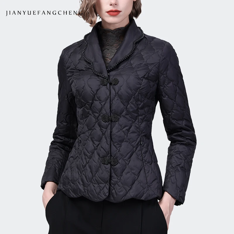 Fashion White Duck Down Autumn Winter Women\' Jacket Lightweight Warm Beaded Cinch Waist Black Short Puffer Coat Casual Jackets