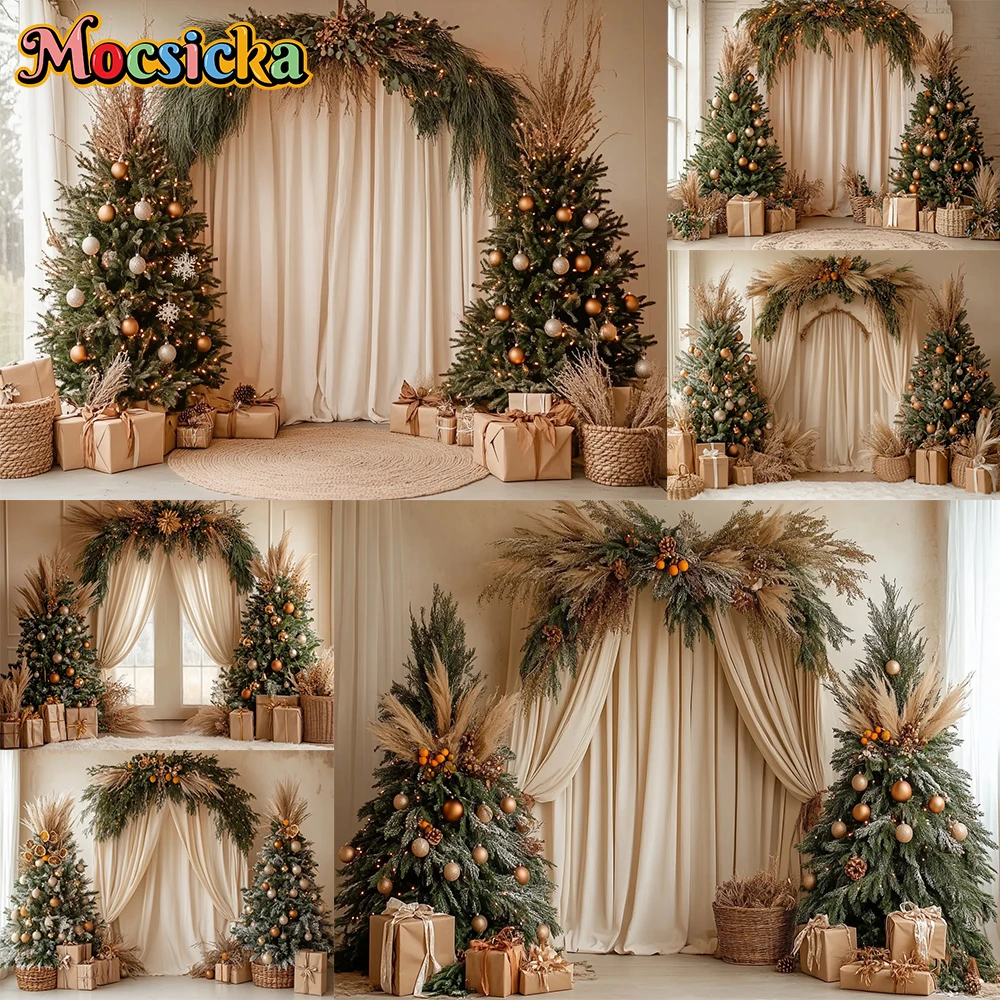 Mocsicka Photography Background Beige Christmas Curtains Decoration Family Xmas Holiday Party Portrait Photo Studio Props
