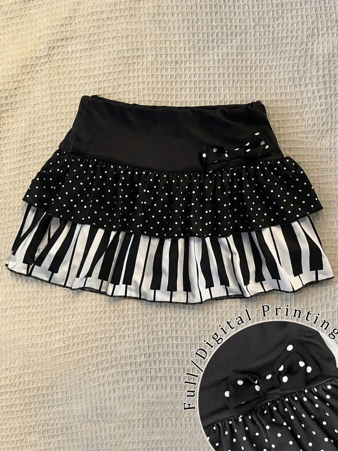 IMU Harajuku Cute Polka Dot Piano Print Mini Skirt Women High Waist Ruffle Bow Trim Casual Party Music Festival Daily Wear Outfi
