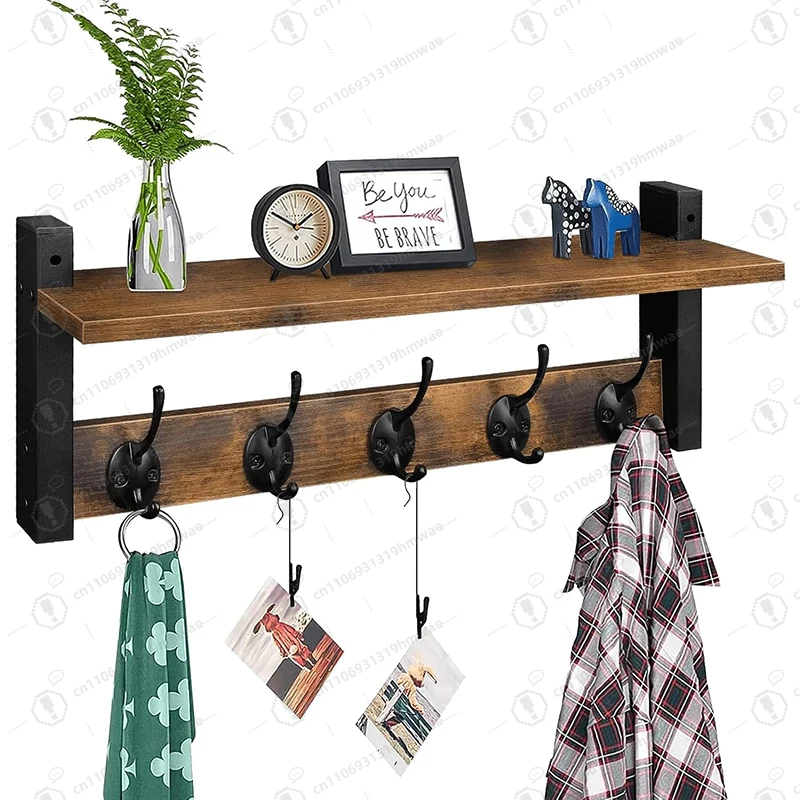 

Wall-mounted Hanger, Wooden Wall Storage Rack with 5 Metal Hooks for Hanging Keys