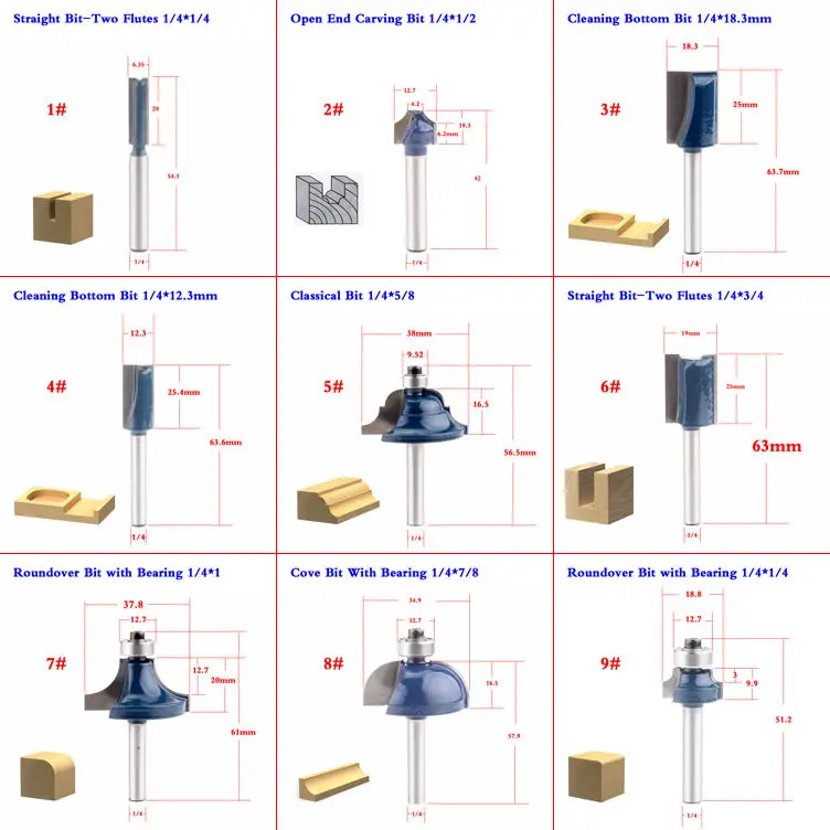 1/4 handle 6.35mm slot cutter, round corner cutter, straight cutter, round bottom cutter, edge trimming diagonal line cutter