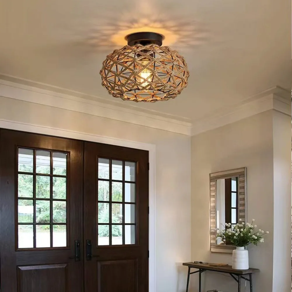

Rattan Semi Flush Mount Ceiling Light Boho Hemp Rope Cage Light Fixture Lamp Shade for Bedroom Living Room Kitchen Hallway