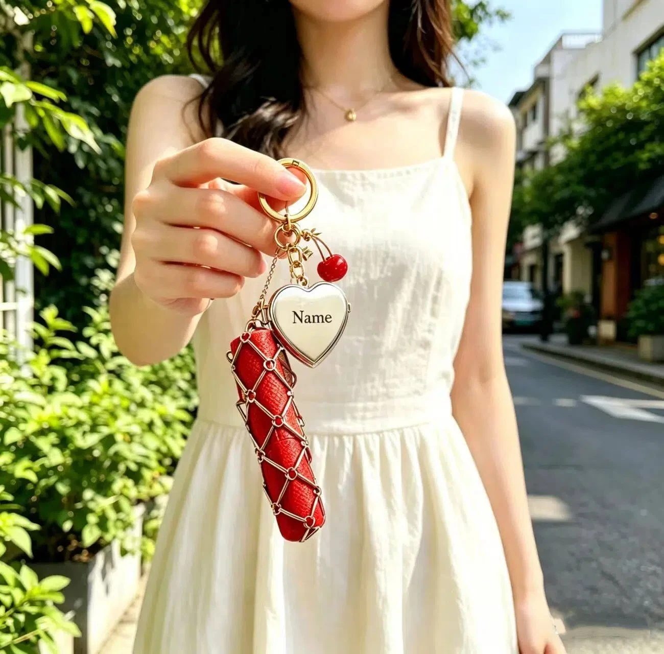 

New Model Silvery Metal Woman Socialite Keychain Lipstick Ins Keyring Love Key Ring Chain Pendant Bag Mirror Hit Product Storage