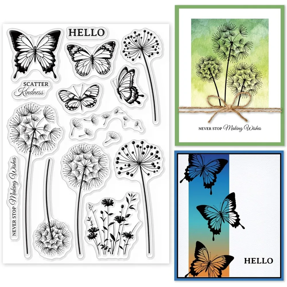 Butterfly Dandelion Clear Stamps for DIY Scrapbooking Wildflower Silhouette Silicone Clear Stamp Seals for Cards Making Photo