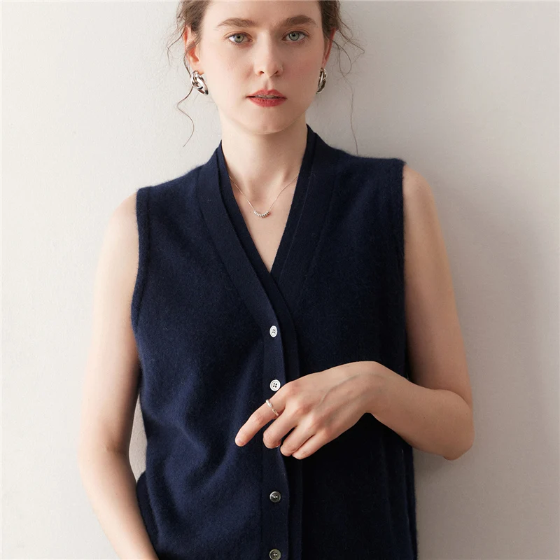 เสื้อกั๊กไหมแคชเมียร์ผู้หญิง ดีไซน์เก๋ 100% แคชเมียร์ ถักนิตติ้ง สำหรับฤดูใบไม้ร่วงและฤดูหนาว แบบไม่มีแขน คอวี เหมาะสำหรับสาวออฟฟิศ