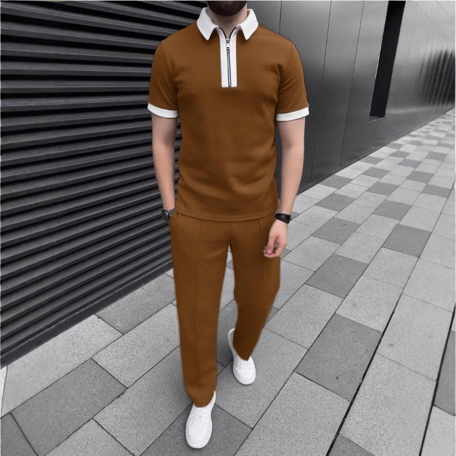 Everyday Casual Men's Short-Sleeved SSet, Spring Summer Casual POLO shirt with a lapellong Pants Two-Piece Set, Solid-Color Simp