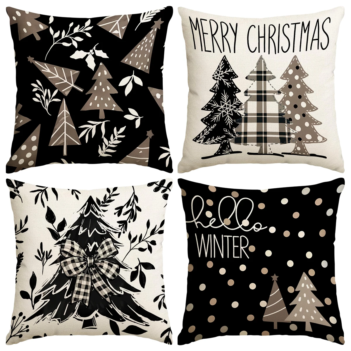 1/4 Stück schwarzer dekorativer Weihnachtskissenbezug, Schleife Weihnachtsbaum Weihnachtspflanzen-Kissenbezug, Bauernhaus-Sofa-Heimdekoration