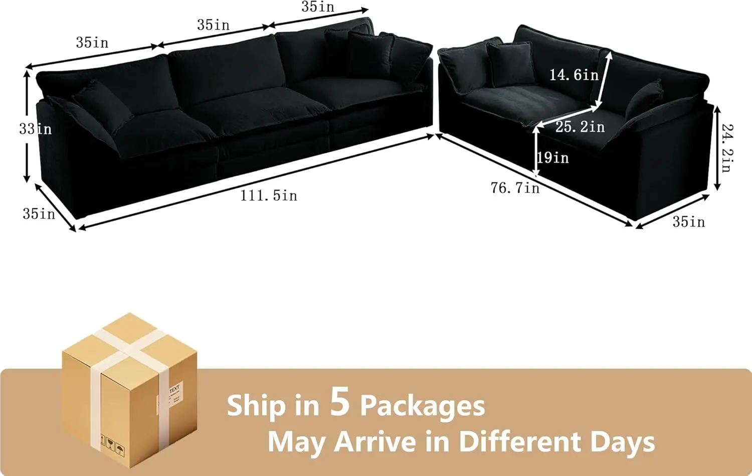 2-teiliges Sofa-Set mit Chenille-Wolken, modernem Sofa und 3-Sitzer-Sofa-Set, Wohnzimmermöbel-Set für Apartment, Büro, Schwarz