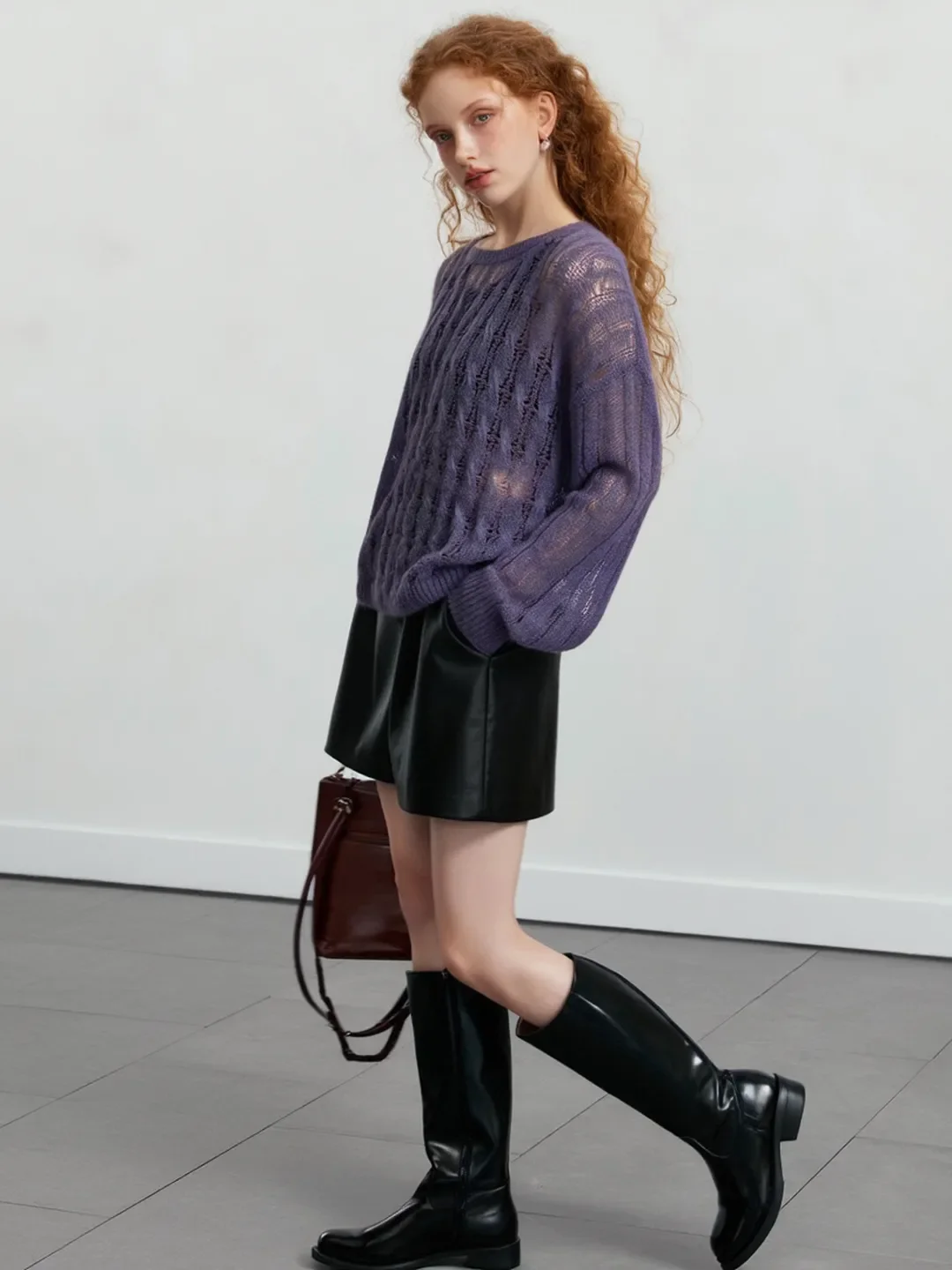 

Romantic Purple round Ne Striped Knitwear Loose Semi-Transparent Cover up Top Soft Comfortable Long Sve Daily Wear