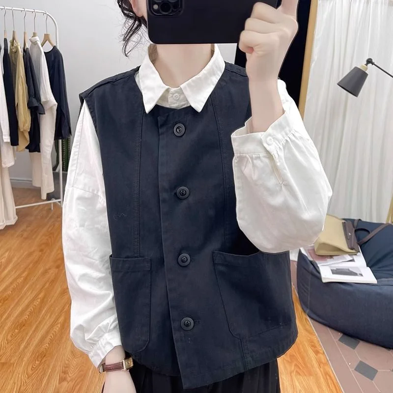 

Осенний свободный хлопковый жилет в стиле ретро с круглым вырезом, женский топ, новый стиль 2025 года, жилет, куртка