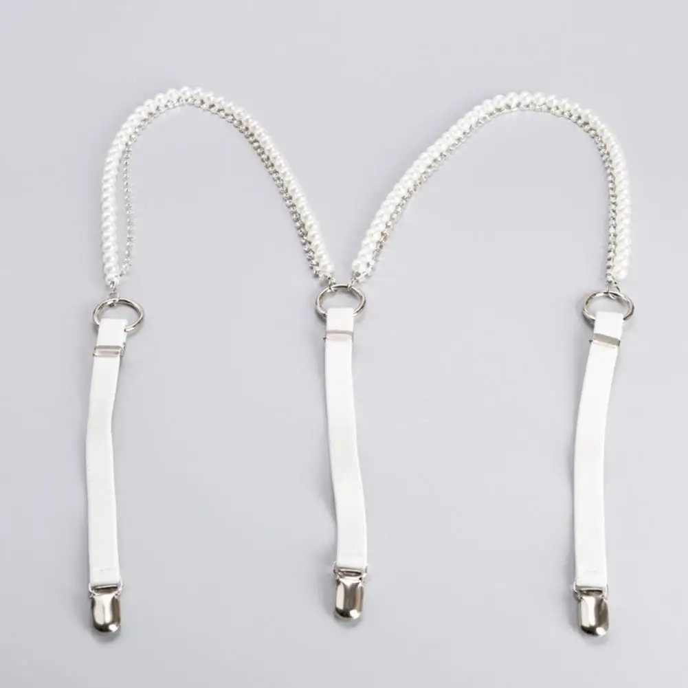 

Duck-mouth Clip Strap Chain Rhinestone Faux Leather Women's Suspenders Belt with Adjustable Elastic Duck-mouth Clip for Shirt