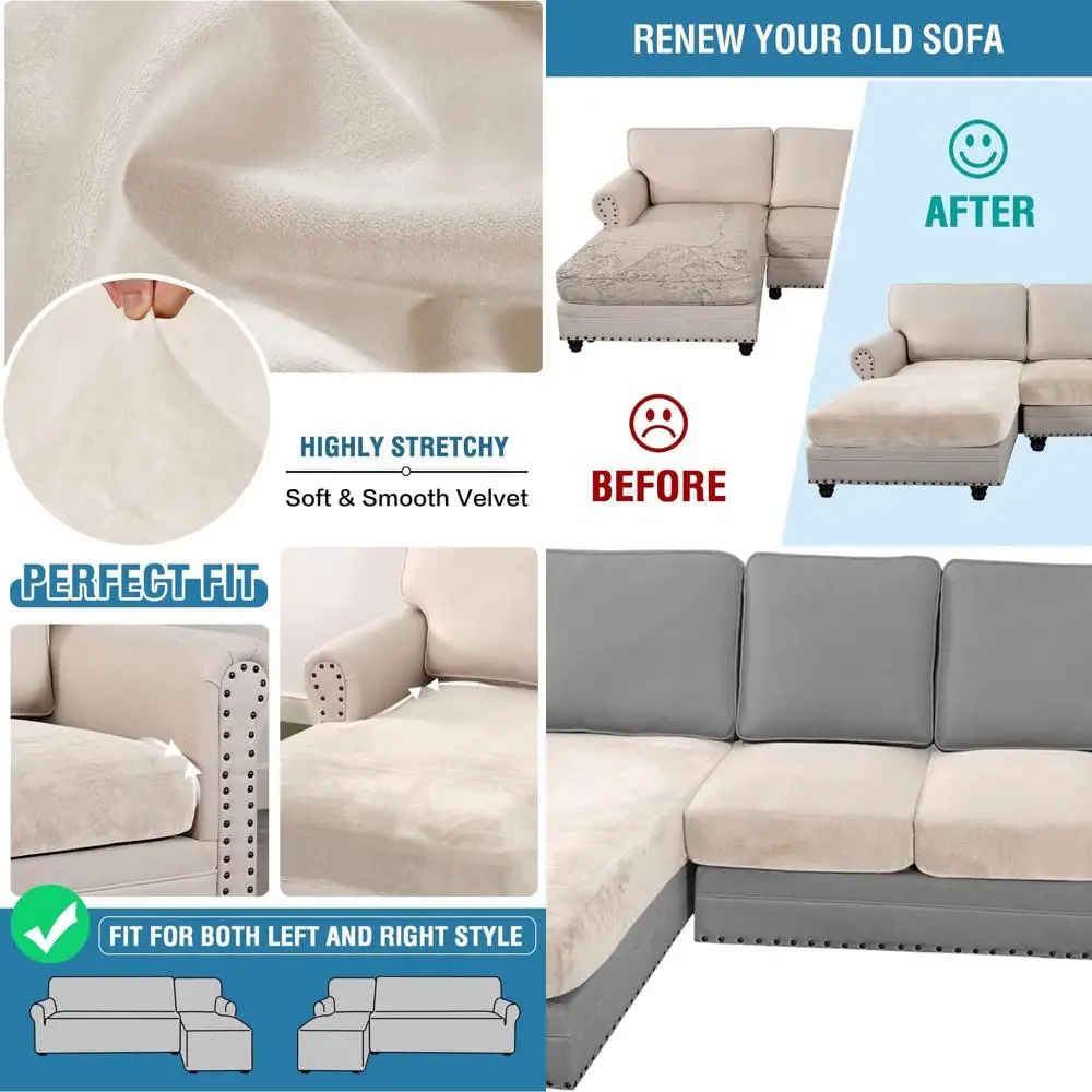 

Ivory 4-Piece Velvet Stretch Sofa Cover Set for Large L-Shape Sectional with 3 Seats and Chaise