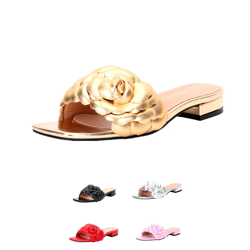 Latest Italian Design Summer Fashion Luxury Flat Heel Gold silver Pink Flower Women's Shoes plus size 38-44 Women Flat Slippers