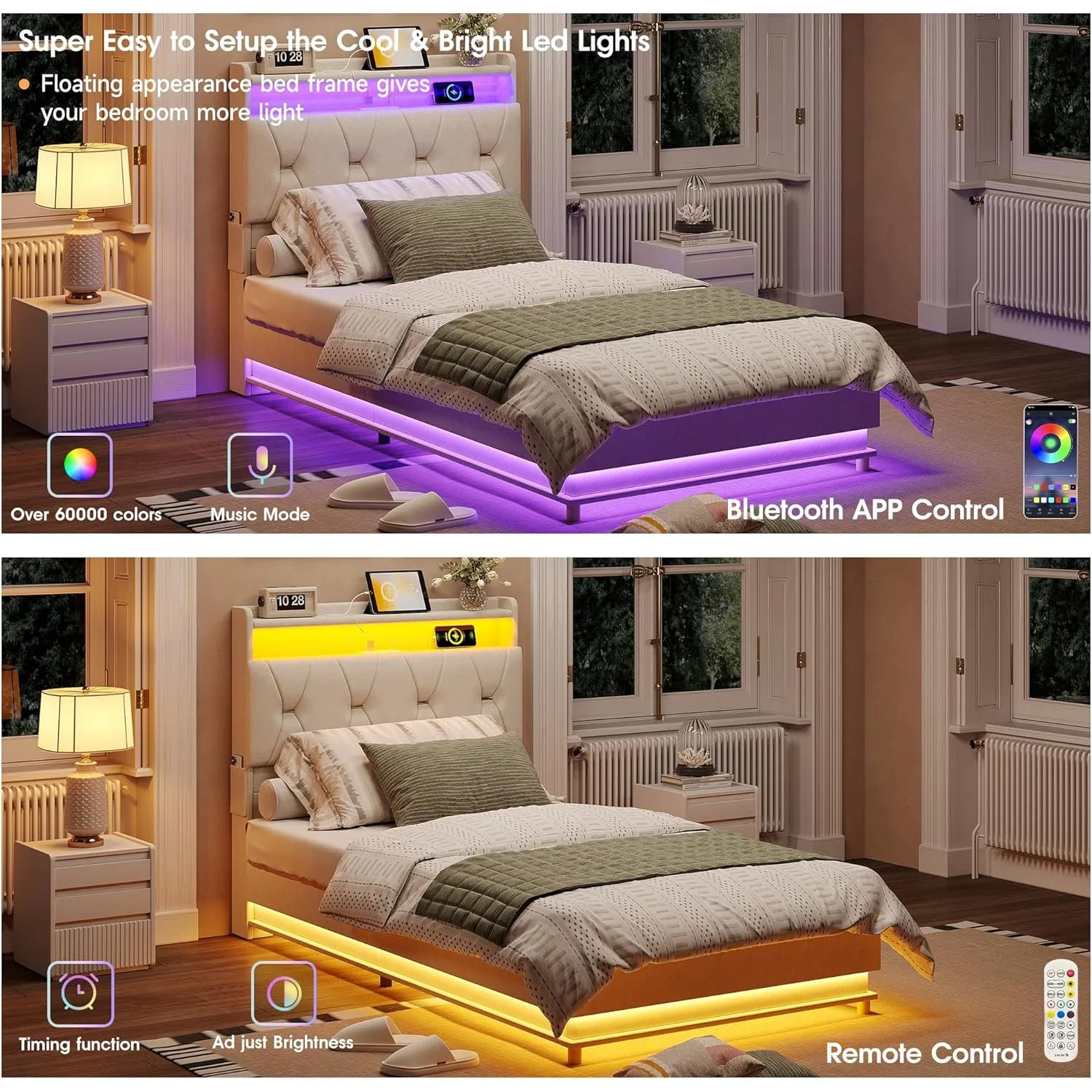 Twin Size Lift Up Bed Frame, Storage Headboard with Charging Station, LED Lights Upholstered Platform Bed, No Box Spring Needed image 5