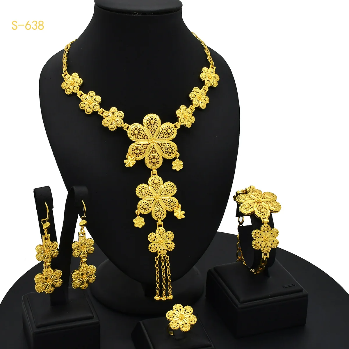 Multi-Layer Shiny 3D Necklace/Bracelet/Ring/Earring Bridal Set Women's 24K Gold AU999 - 4-piece bridal luxury