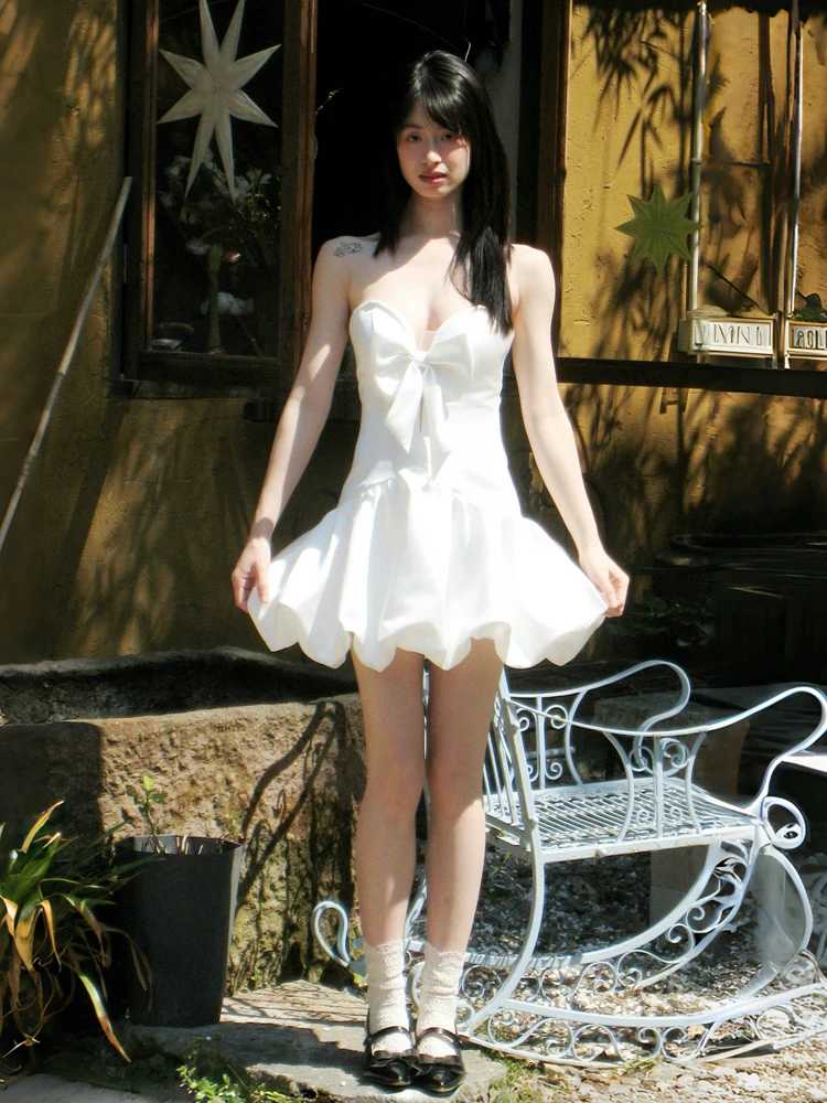 

Белое платье с завязками и узлом, женское, из полиэстера, на молнии, с коротким рукавом, модель Cloudy Dr Elely