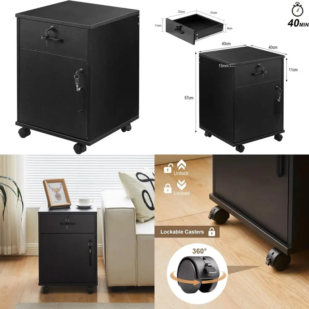 

Secure Mobile Wooden File Cabinet with Lockable Drawers and Door, 360° Swivel Wheel Under Desk Storage Organizer