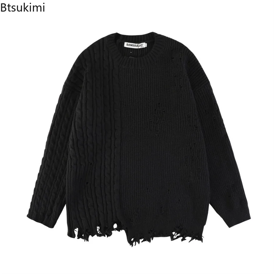 2025 Men's Fried Dough Twists Knitted Crochet Perforated Solid Pullover Sweater Autumn Fashion Hip Hop Loose Knit Tops for Men