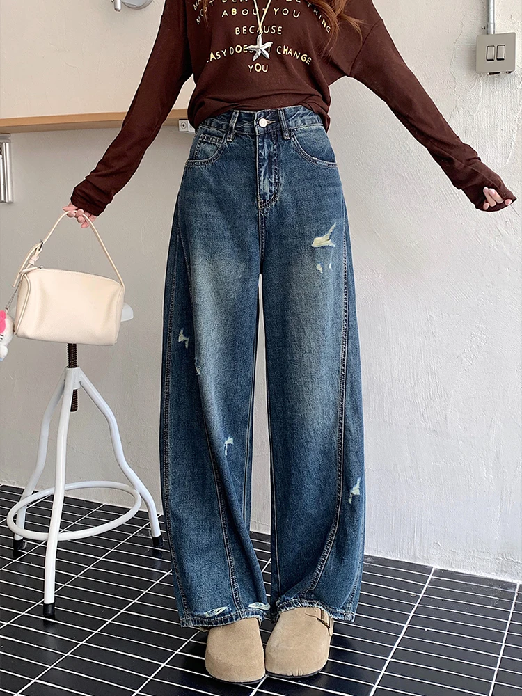 Y2k 2000s rasgado jeans feminino vintage streetwear perna larga calças jeans harajuku grunge cintura alta baggy casual calças retas
