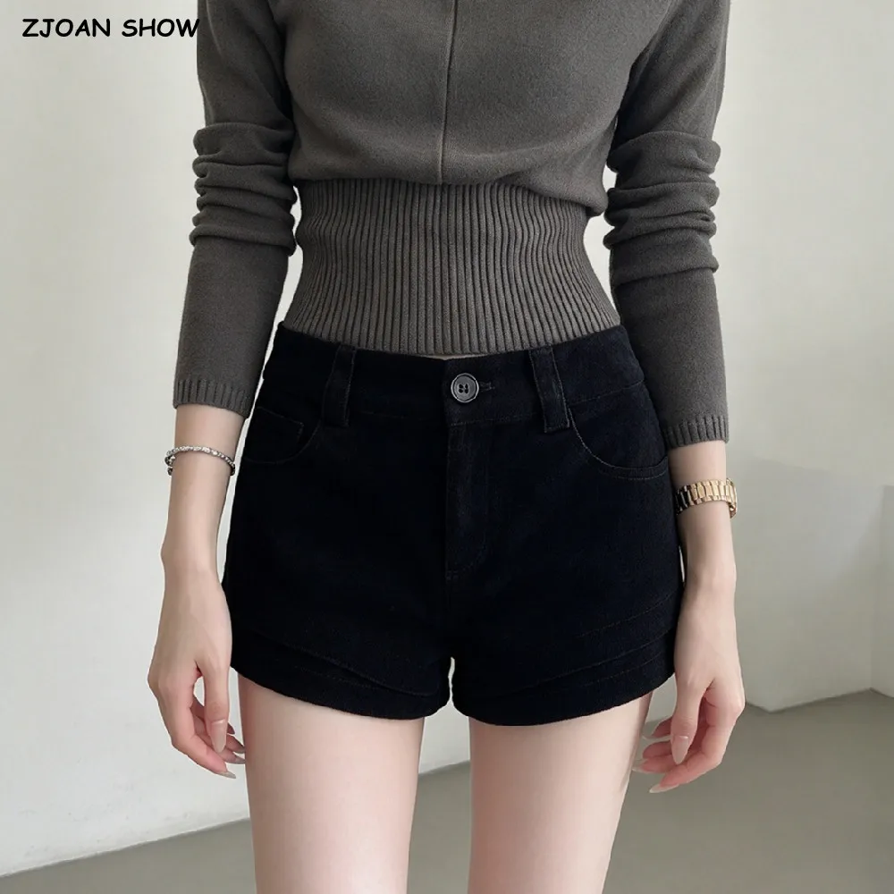 3 Colors Autumn Women Retro Corduroy Shorts Low Waist A-lined Short Pants Patchwork Double Cuff Trousers Black