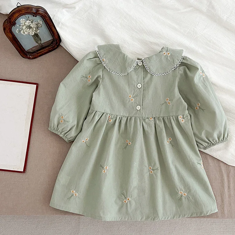 1-6Y Autumn New Girls Dress Fashion Cute Doll Neck Embroidered Flowers Dress Spring Children\'s Girls Long Sleeve Princess Dress