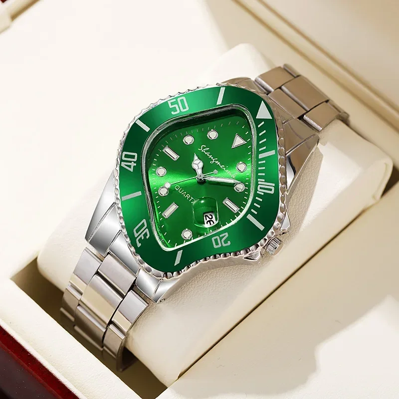 

Watch for Men Unusual Conceptual Crash Melting Twist Shaped Case Quartz Wristwatch Male Man Rhombic Green Clock（No Box）