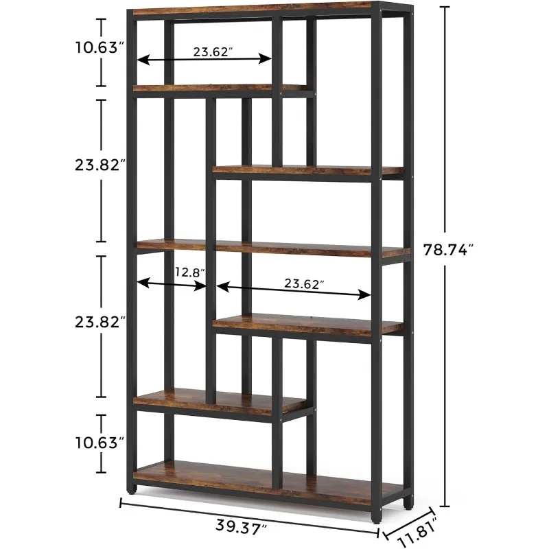 79-inch super high shelf, 7-level vintage bookcase, industrial 10-level open storage bookcase