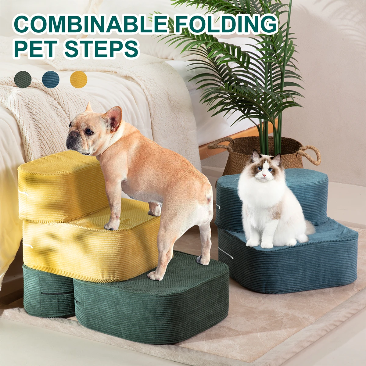 Foldable Corduroy Pet Stairs, Adjustable 2-Step Dog Ramp for Small Dogs Cats, Portable Pet Ladder for Bed Couch Home Use