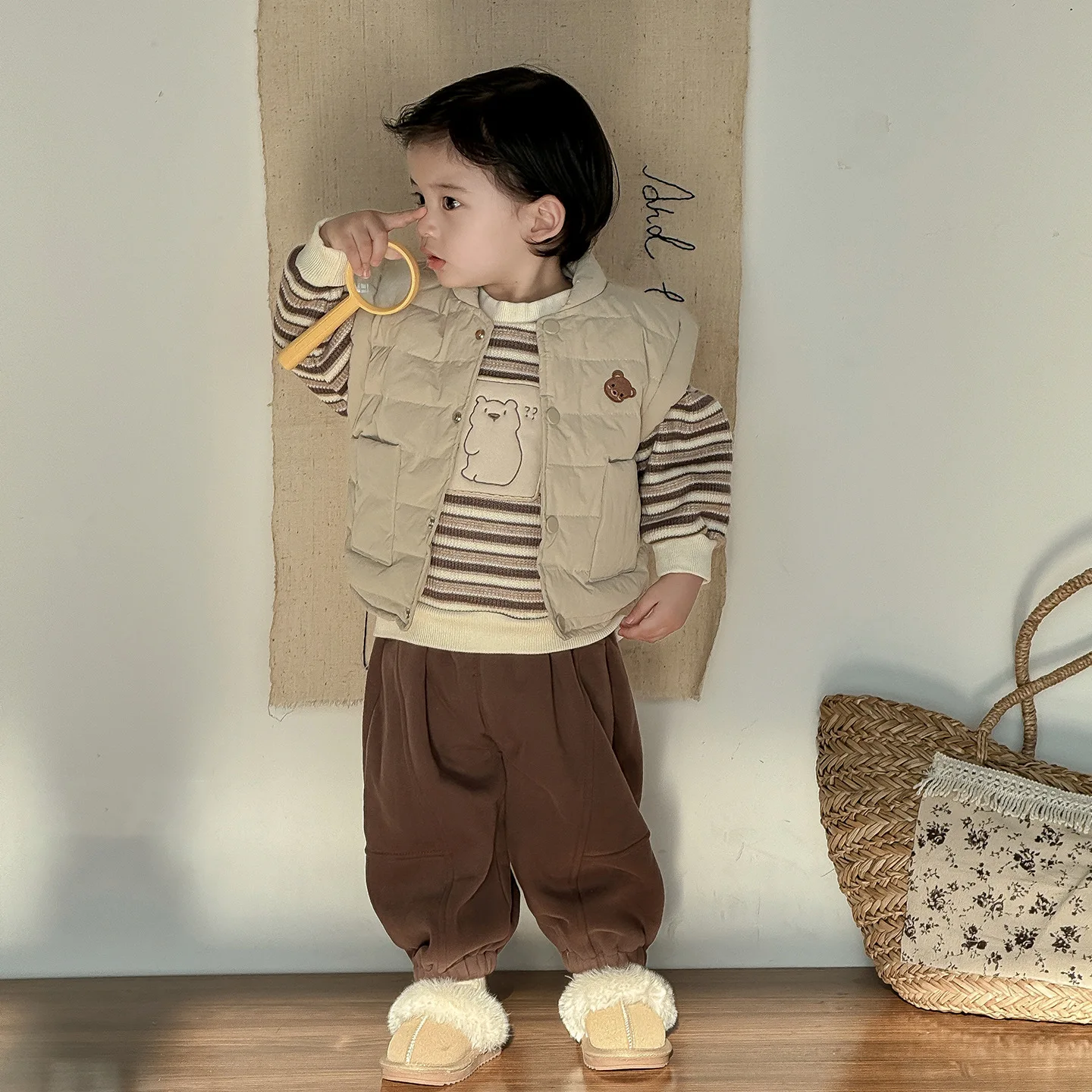 

Children Baby Boys Clothes Set Bear Printed Thick Warm Kid Boys Vest Striped Toddler Boys Sweatshirt Mid Waist Boy Thermal Pants