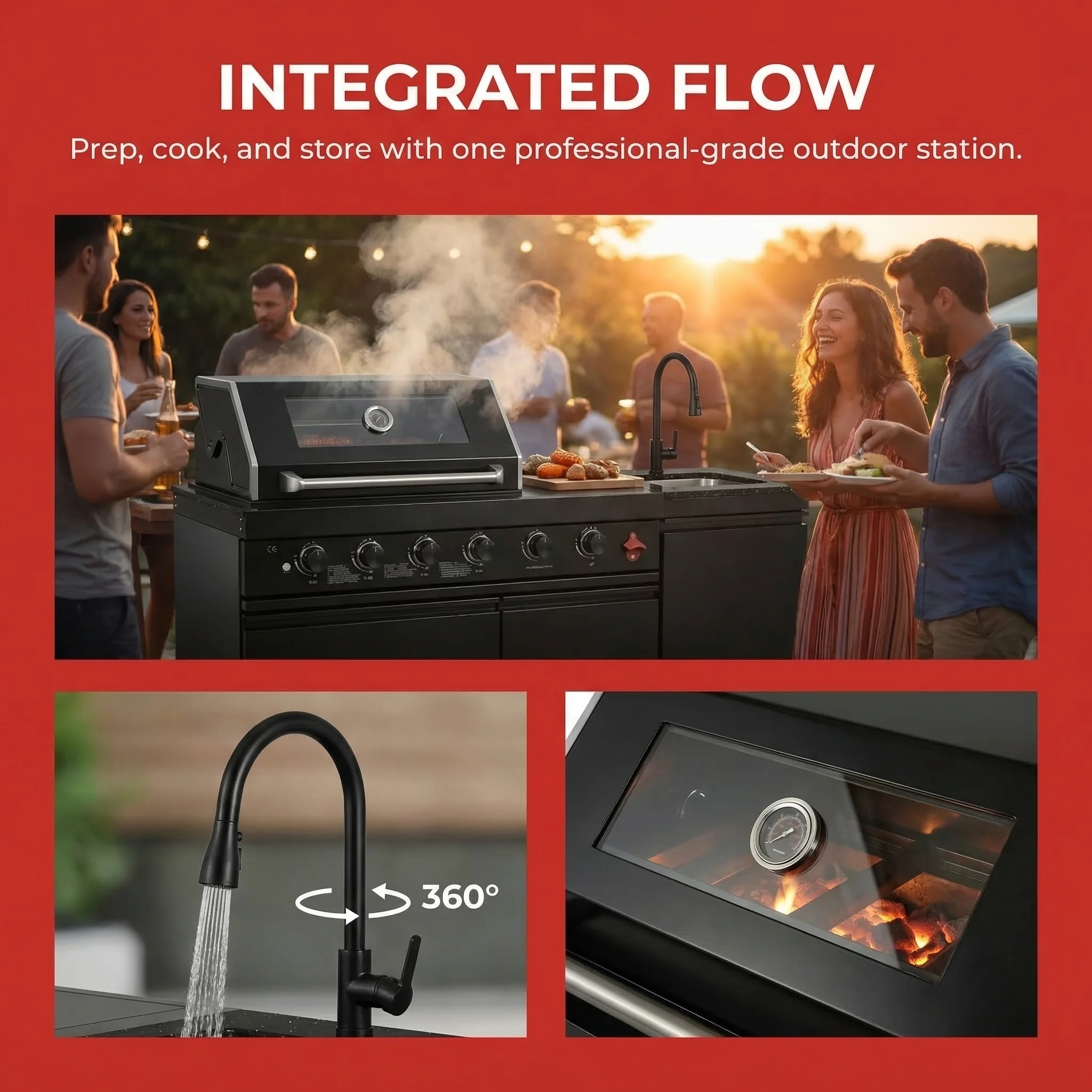 Modern Premium Gas 4 Burner Grill with Single Side Oven and Powder Coated Finish + Single Sink