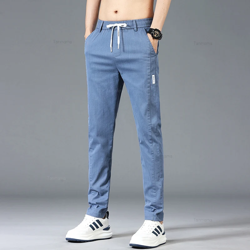 Spring Summer Men\'s Casual Pants Fashion Thin Elastic Waist Korean Style Business Slim Straight Trousers Blue Gray Green Khaki