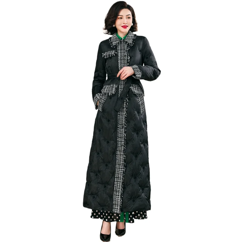 

Women Embroidered Patchwork Design Black Parkas Space Cotton Thick Long Coat Zipper Winter X-Long Overcoat Plaid Outwear Quality