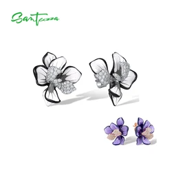 SANTUZZA Pure 925 Sterling Silver Stud Earrings For Women Sparkling Purple & White Enamel Flower Wedding Chic Party Fine Jewelry