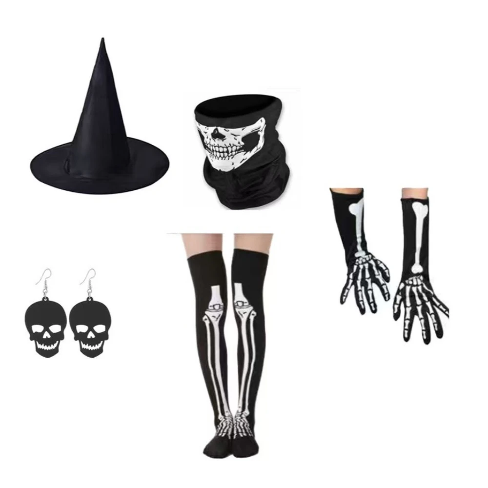 PESENAR Halloween Skeleton Gloves Stockings Neck Gaiter Set Includes Skull Arm Sleeve Long Gloves Thigh High Stockings Pantyhose