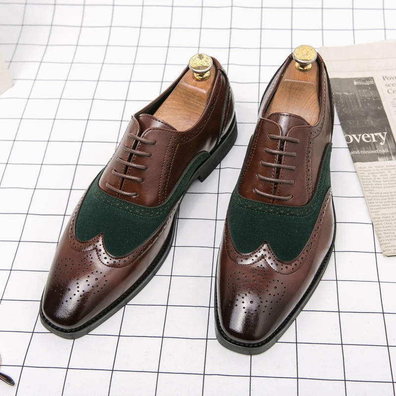 Men Retro Style Blok Shoes PU Pointed Black Brown Lace Up Business Fashion Carved Formal Shoes Social Shoes Size 38-48 Men Shoes