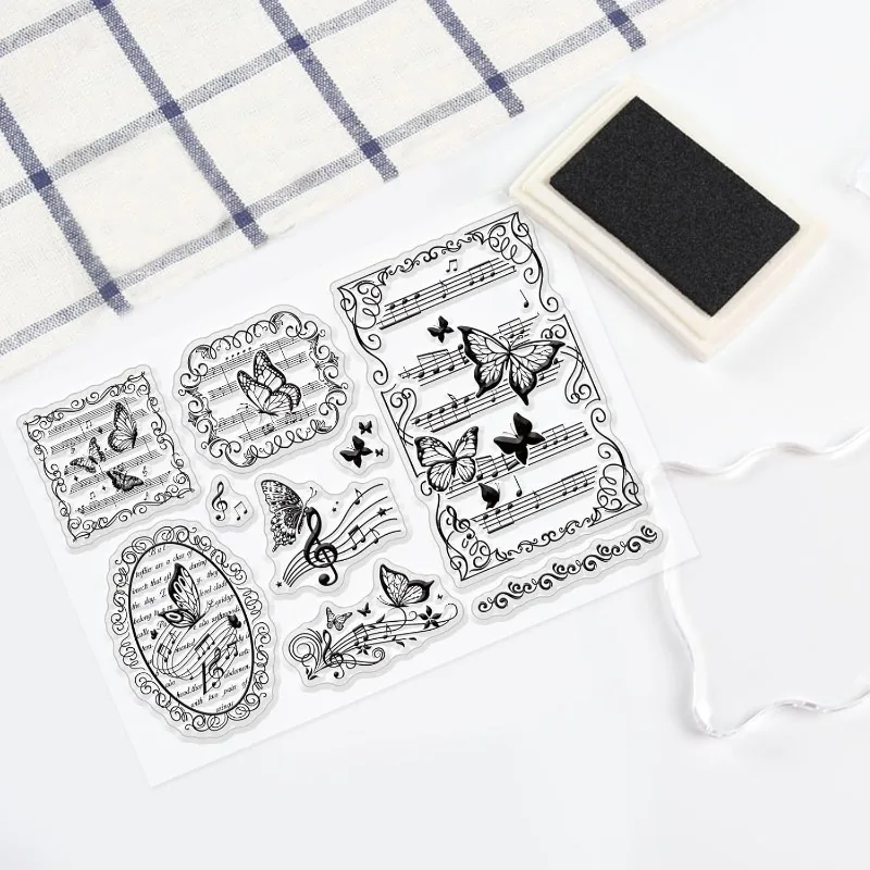 1Sheet Butterfly Clear Stamps Music Note Silicone Rubber Stamp Film Frame Transparent Seal Stamps for Wedding Party Invitation