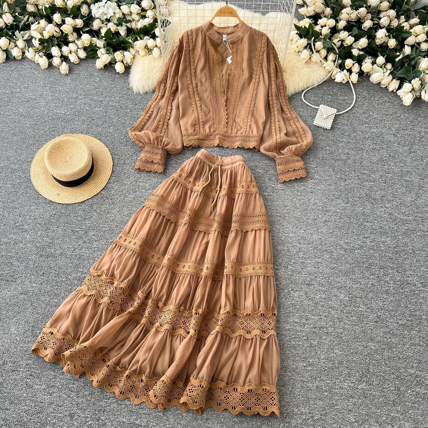 Chic Two-piece Sets Basics O-neck Lace Spliced Lantern Sleeve Blouse and High Waist Hollow Out Skirt High Street Women Clothing