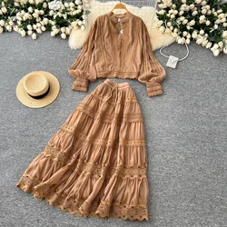 Chic Two-piece Sets Basics O-neck Lace Spliced Lantern Sleeve Blouse and High Waist Hollow Out Skirt High Street Women Clothing