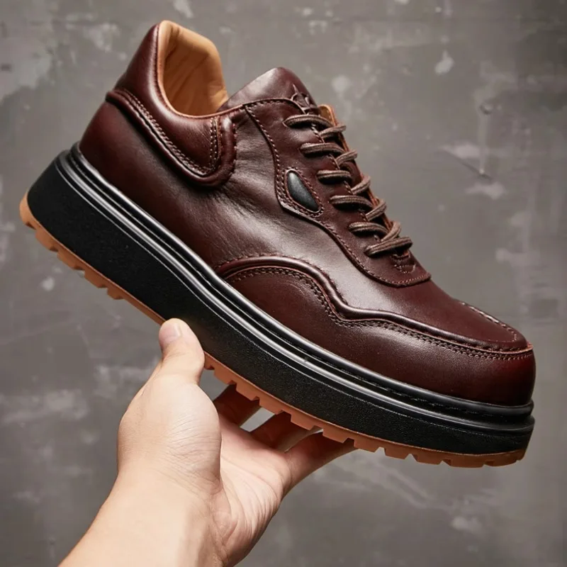 Horse Leather Tooling Shoes for Men's Handmade Comfortable and Breathable American Workwear Shoes Casual Mid Top Horsehide Shoes