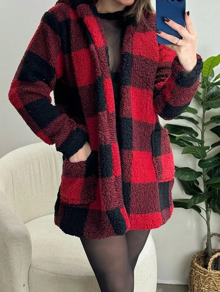 Women's jacket 2025 autumn winter latest temperament print contrasting color buttonless hooded trench coat Cardigan Open Front