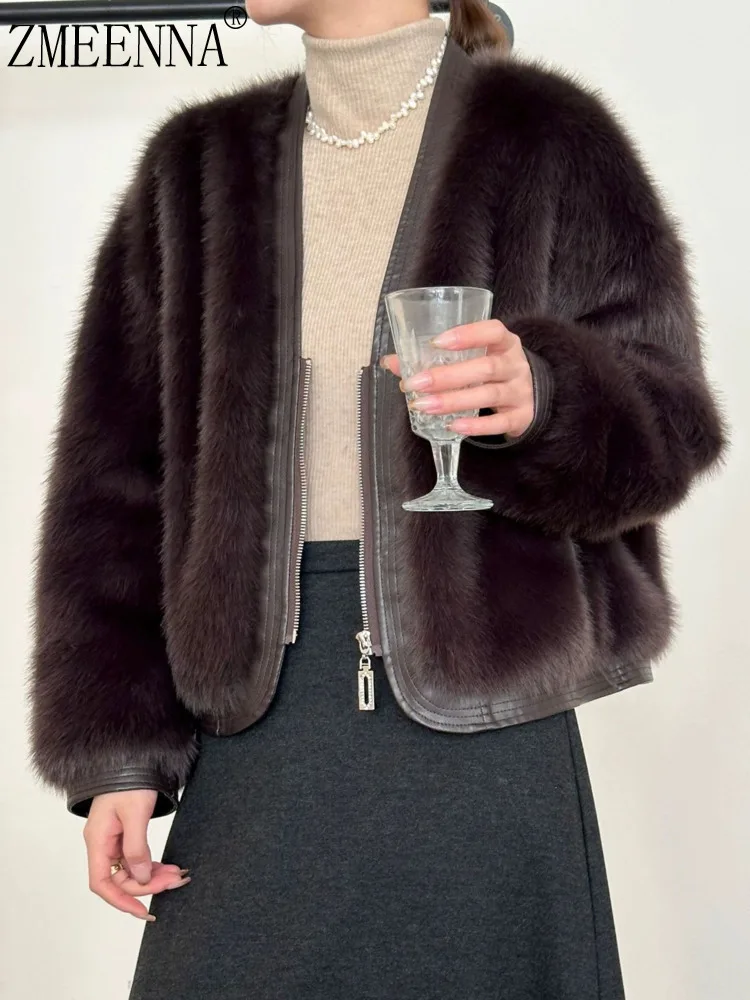 

ZMEENNA женская роскошная коричневая куртка из искусственного меха с отделкой на молнии, пушистая теплая зимняя верхняя одежда, короткий стиль ZM4706