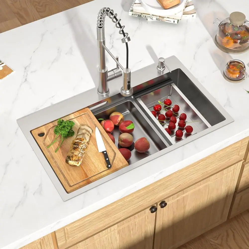 

Кухонная мойка 33x19 см, встраиваемая, рабочая станция «все в одном», из нержавеющей стали 304 (16 калибр), с одной чашей, для установки над столешницей, с разделочной доской, цветная