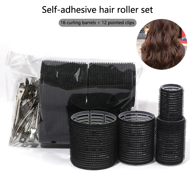 16pcs/set Black Self-Grip Hair Rollers With Clips Heatless Hair Roller Jumbo Sticky Hair Roller Set Salon Hair Dressing Curlers