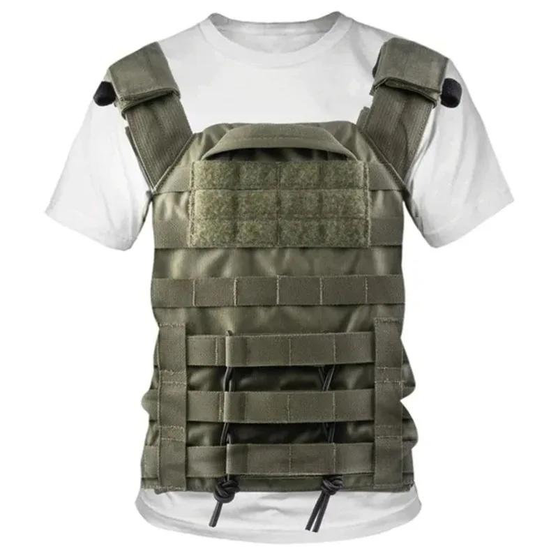 Summer Fashion Men\'s Bulletproof Vest 3D Print T Shirt Casual Short Sleeve Round Neck Tops Cosplay Personality Oversized Tees