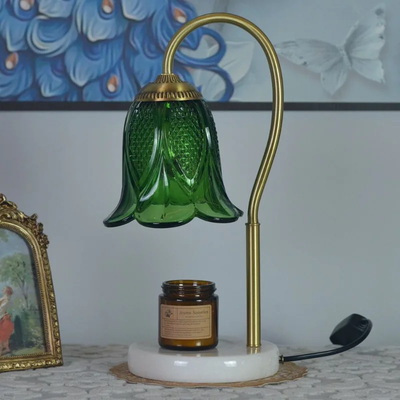 Lampada da scrivania in cera fusa per aromaterapia americana interamente in rame, paralume verde, giada, studio, camera da letto, comodino, luce ambientale